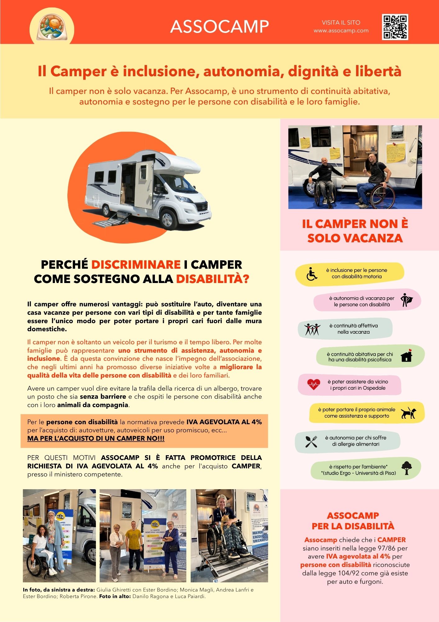 Volantino pagina 1: Perché discriminare i camper come sostegno alla disabilità? Il camper non è solo vacanza